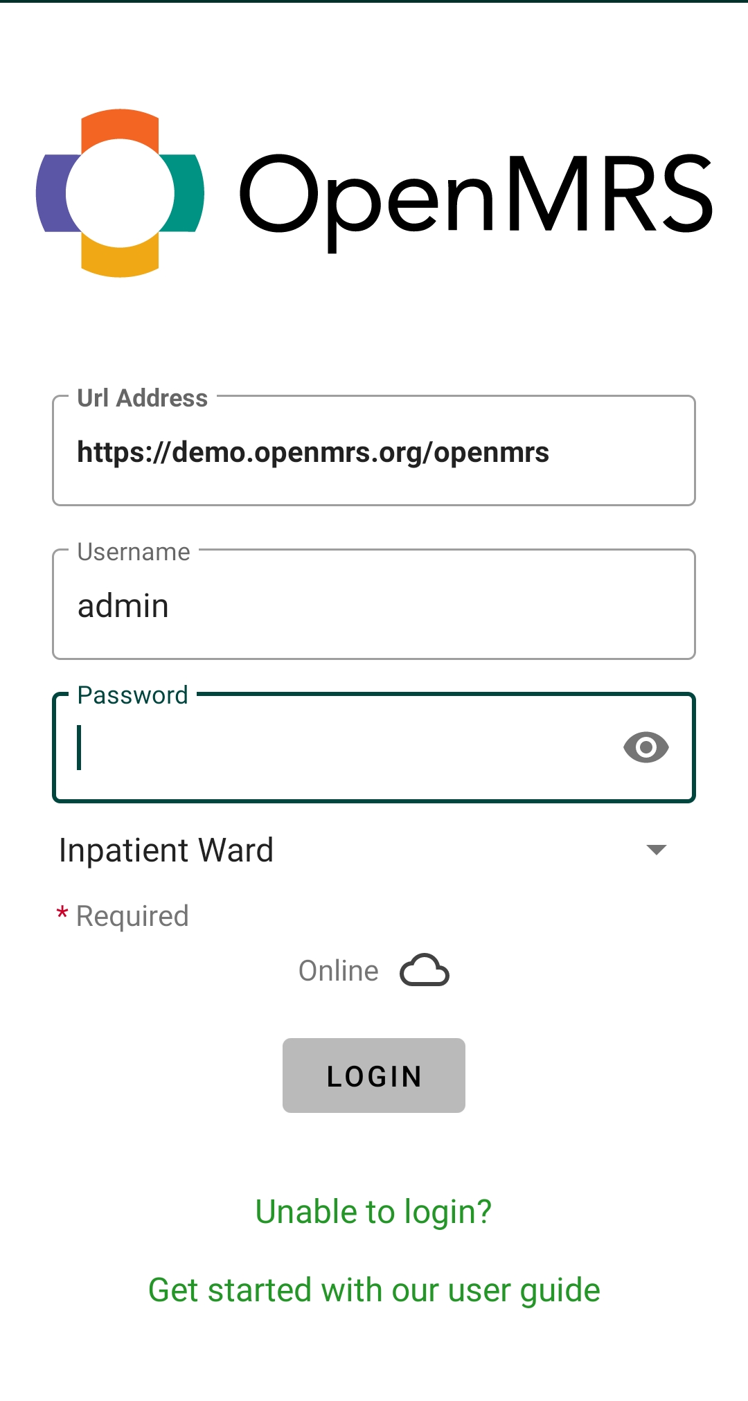 OpenMRS Android Client login screen
