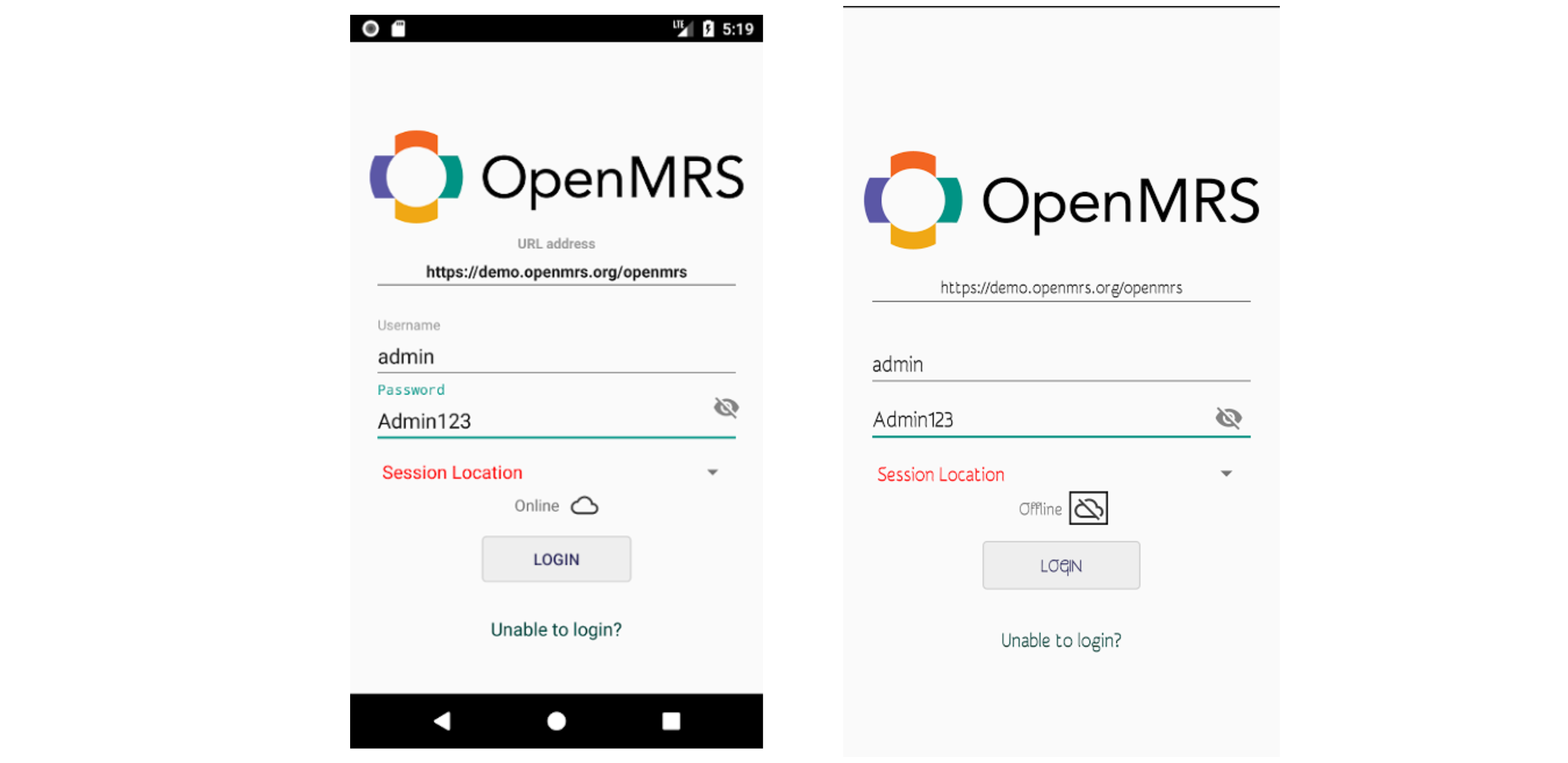 OpenMRS Android Client Offline login screen