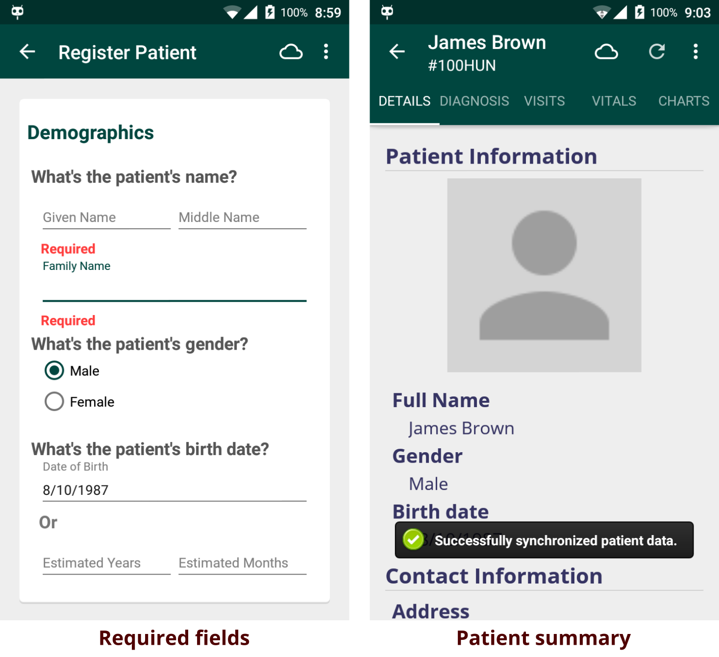 Required fields and patient summary